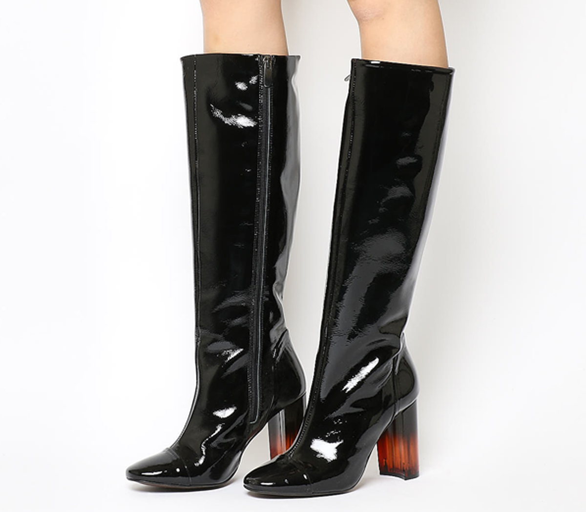 OFFICEEli Square Toe Knee BootsBlack Patent Leather Heel